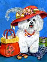 Стильная собачка в шляпке с сумочкой