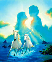 Две белые лошади и влюбленная пара