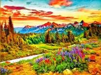 Цветочная поляна на фоне больших гор