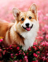 Корги среди цветов