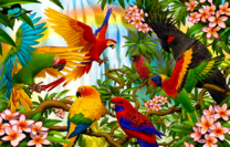 Разноцветные попугаи среди деревьев