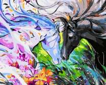 Белый и черный конь с летними бабочками