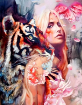 Девушка, тигрица и цветы