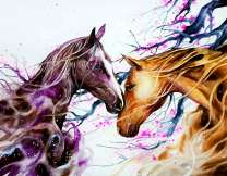 Пара лошадей у цветущей сакуры