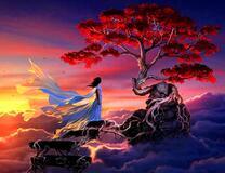 Девушка на скале у красного дерева