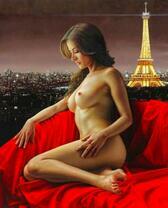 Обнаженная модель на фоне ночных огней Парижа