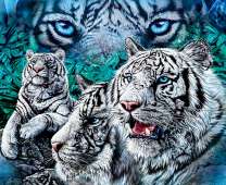 Три белых тигра в летней зелени