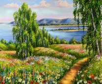 Тропинка к реке вдоль цветущих холмов