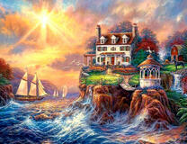 Домик на скале у штормового моря