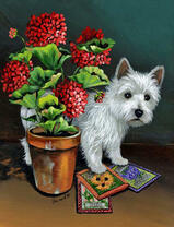 Кудрявый щенок и горшочек с цветком