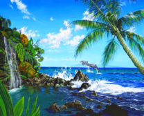 Морская бухта с водопадом и дельфины