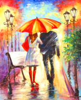 Осенний вечер и пара под ярким зонтом