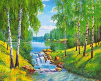 Водопад на летнем озере в лесу