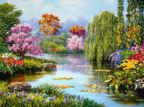 Река среди цветов и деревьев