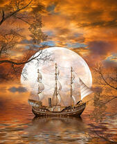 Парусный корабль на фоне большой луны