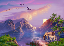 Лошади у прекрасного озера среди гор