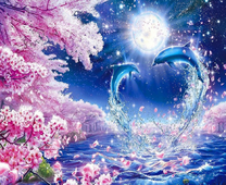 Дельфины над водой на фоне полной луны