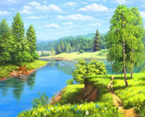 Молодые олени на водопое у реки