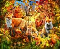 Лисье семейство в осеннем лесу