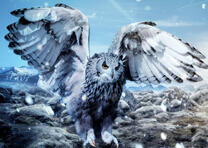 Серый филин на фоне гор