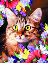 Желтоглазая кошечка среди цветов