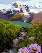 Нежные цветочки на фоне гор и озера