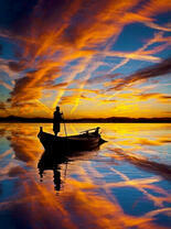 Мужчина на лодке на фоне сногсшибательного заката