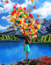 Девушка на обрыве у озера с охапкой шариков