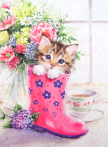 Котёнок в резиновом сапоге и цветы