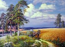 Пшеничное поле и мужчина на повозке