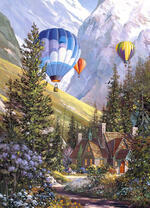 Полет шаров над домиком в горной местности