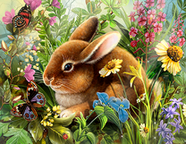 Милый кролик среди цветов и бабочек