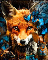 Портрет лисы и синие бабочки
