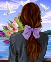 Девушка с букетом тюльпанов на фоне моря и птиц