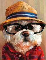 Белый пёсик в шляпке и очках
