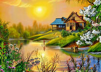 Домик у реки на закате дня