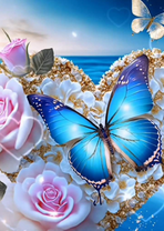 Розовые розы и бабочка на фоне моря
