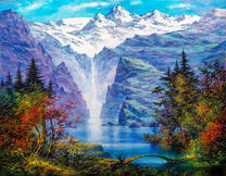 Водопад с высоких гор в окружение леса