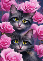 Два котёнка среди розовых роз