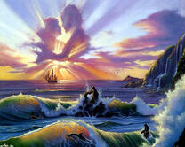 Парусник у скалистых берегов