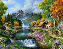 Осенняя деревня у красочной реки