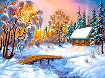 Домик в снежном лесу на рассвете