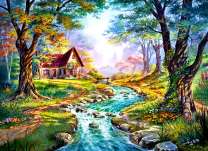 Восход солнца и домик у реки