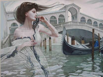 Девушка в белом платье на фоне моста Венеции