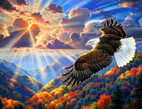 Орёл в лучах солнца над горами