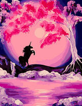 Единорог ночью под цветущим деревом