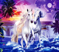Пара белых лошадей на водопаде под луной