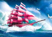 Розовый корабль на морских волнах