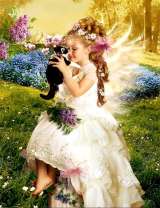 Ангелочек с котёнком и цветущая полянка