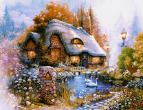 Красивый домик у лебединого озера